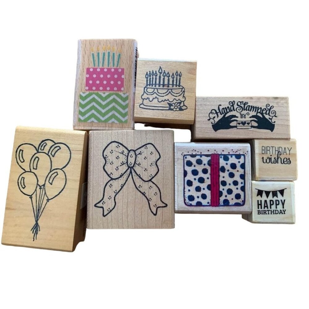 Wooden Rubber Stamps – Birthday Themed Set Cakes Gifts & Balloons